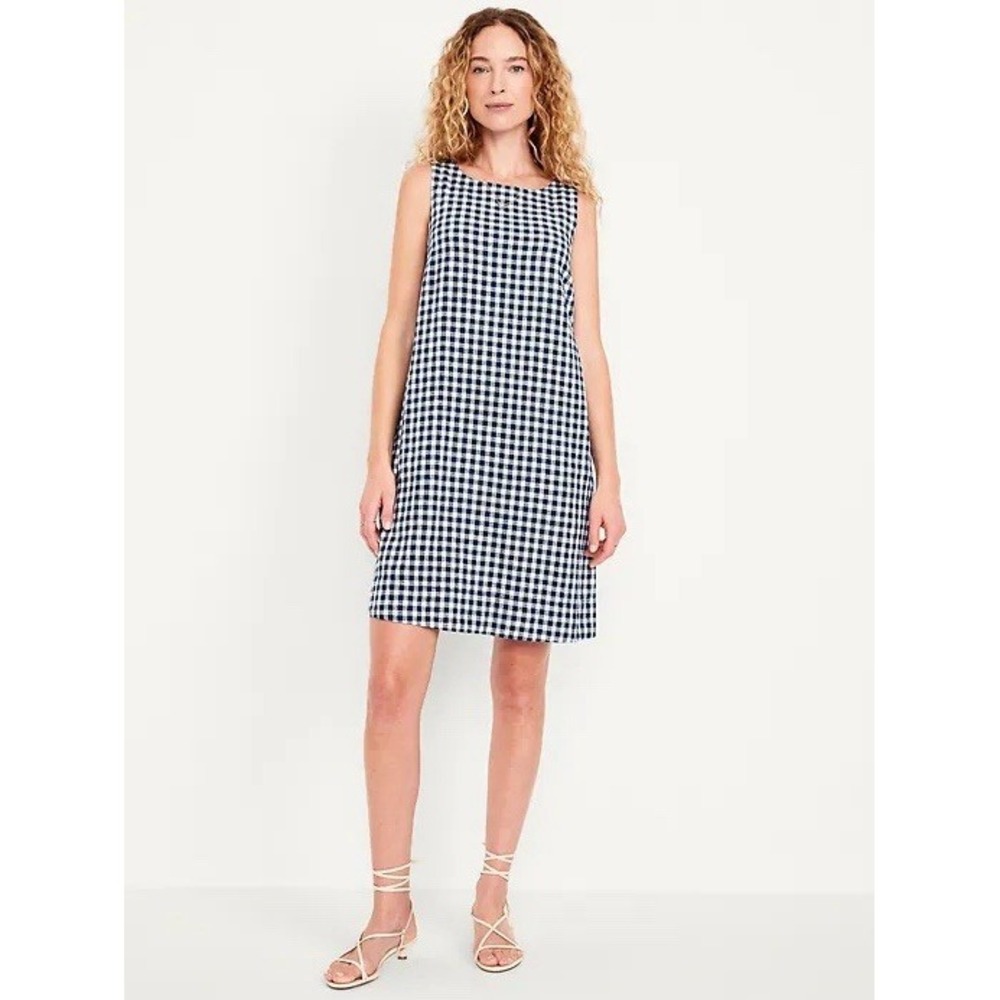 Old Navy Women's Blue Check Linen Blend Sleeveless Shift Dress Size XL Casual
